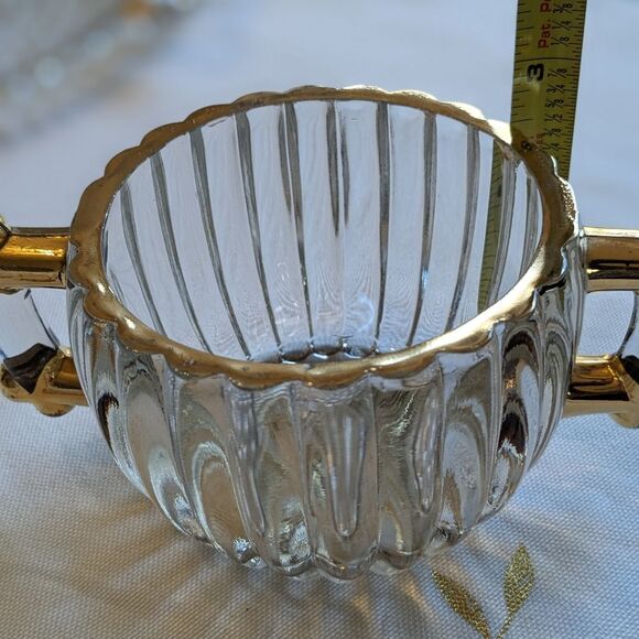 Vtg Jeannette Glass Creamer Sugar Bowl & Serving Tray Set Ribbed Gold Bubble - Picture 9 of 16